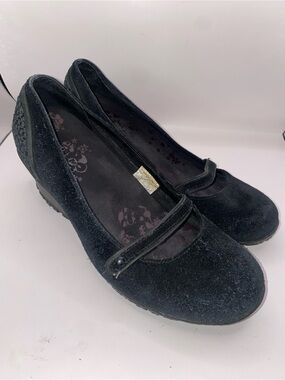 Merrell Petunia Black Suede Mary Jane Wedge Heels with Strap